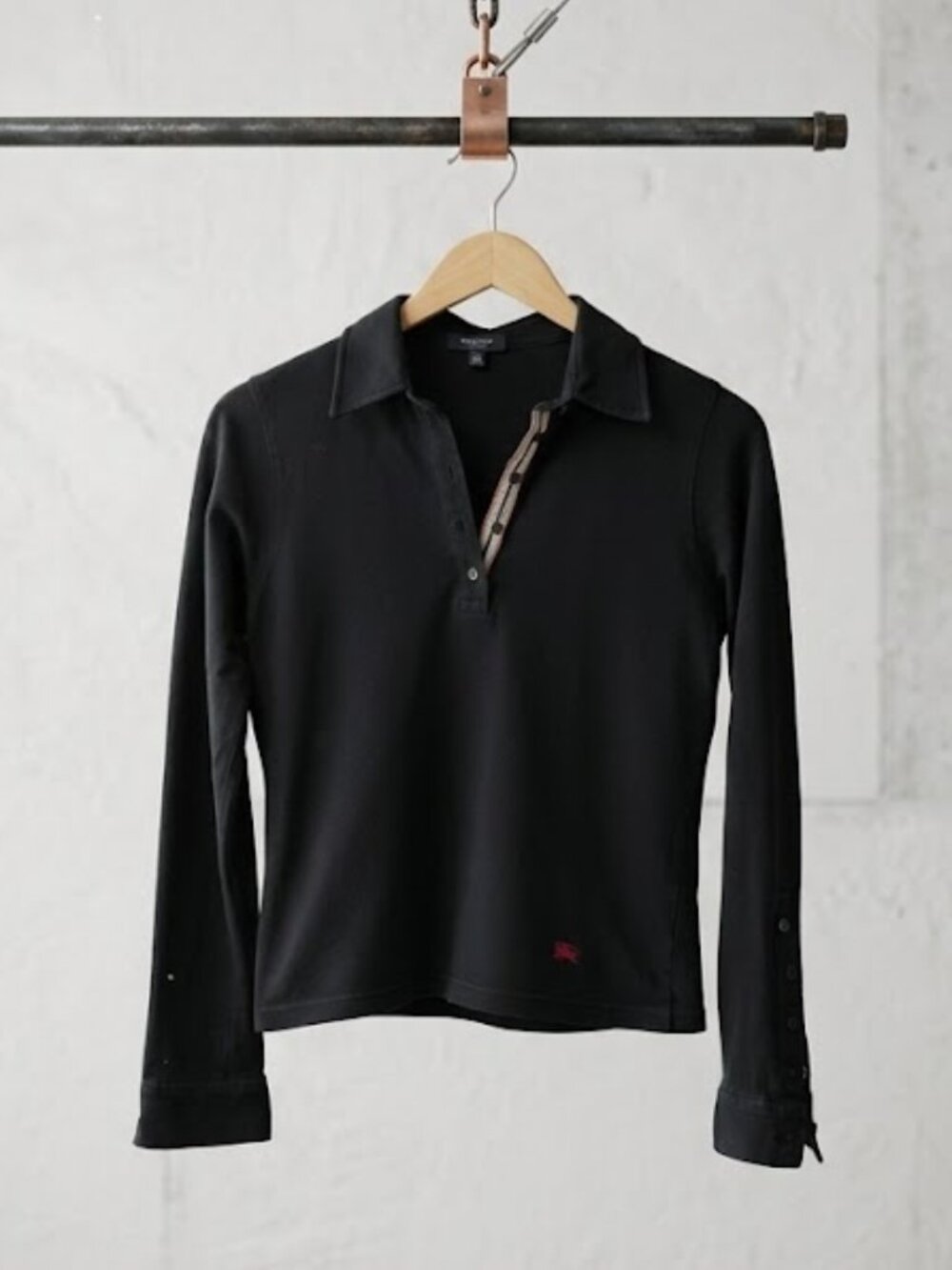 Burberry Long Sleeve Cropped Polo Shirt Ribbon trim Cuffs and Collar S